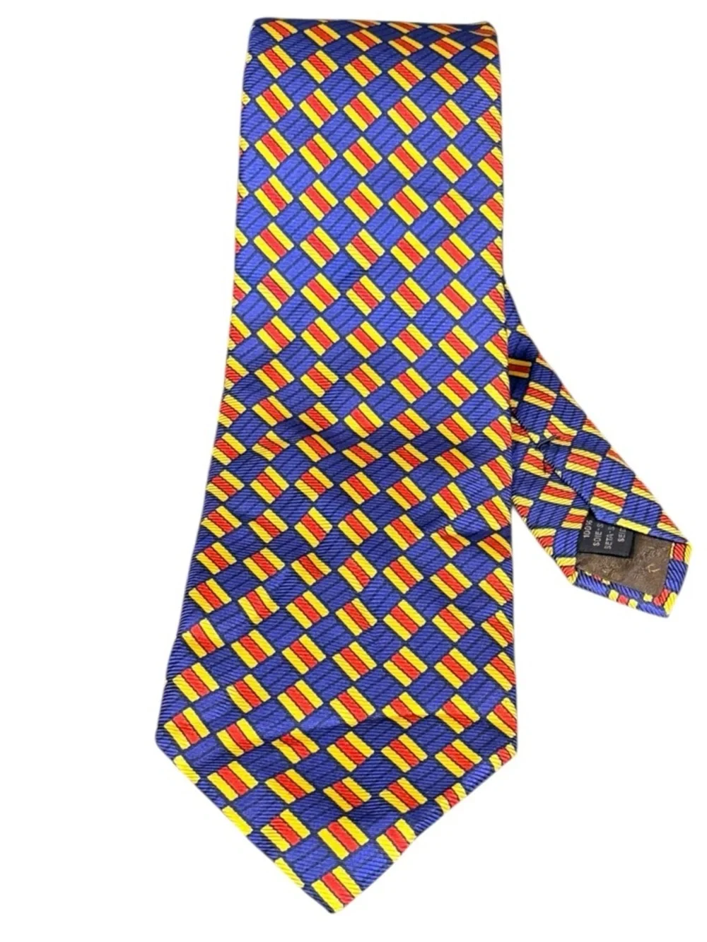 Faconnable Mens Silk Tie Royal Blue Yellow Red Basketweave Geometric Italy OS